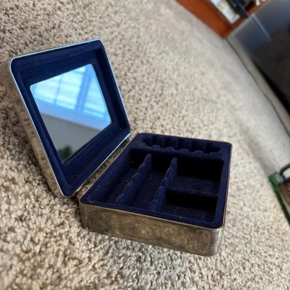 Vintage Silver-Plated Jewelry Box Gold Tone Bow, Blue Felt Interior with Mirror
